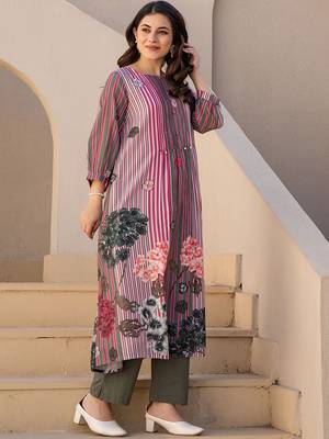 Striped A-Line Pure Cotton Kurta With Trousers 3