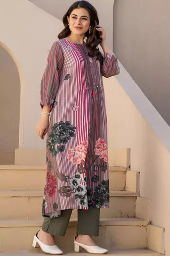 Striped A-Line Pure Cotton Kurta With Trousers