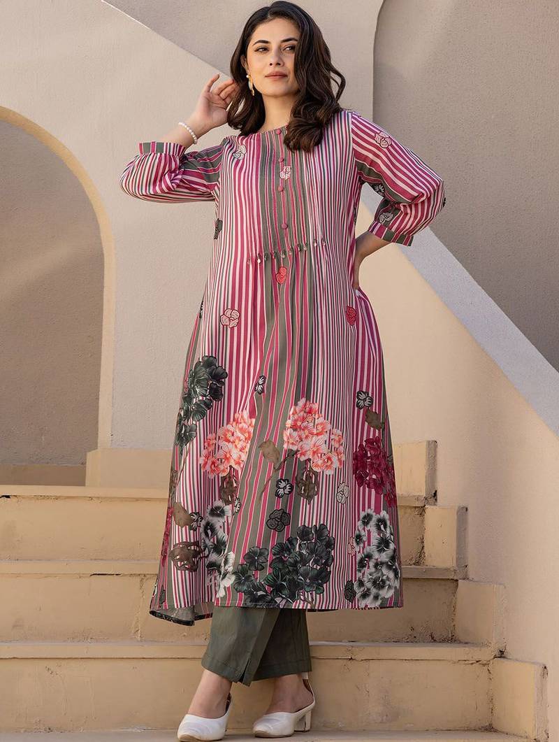Striped A-Line Pure Cotton Kurta With Trousers