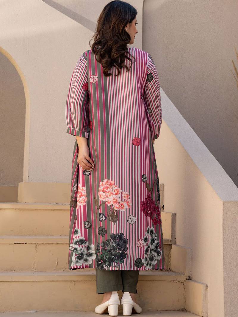 Striped A-Line Pure Cotton Kurta With Trousers