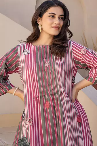 Striped A-Line Pure Cotton Kurta With Trousers