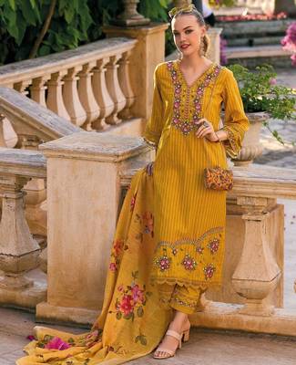 Floral Embroidered Regular Thread Work  Cotton Kurta with Trousers & Dupatta 1