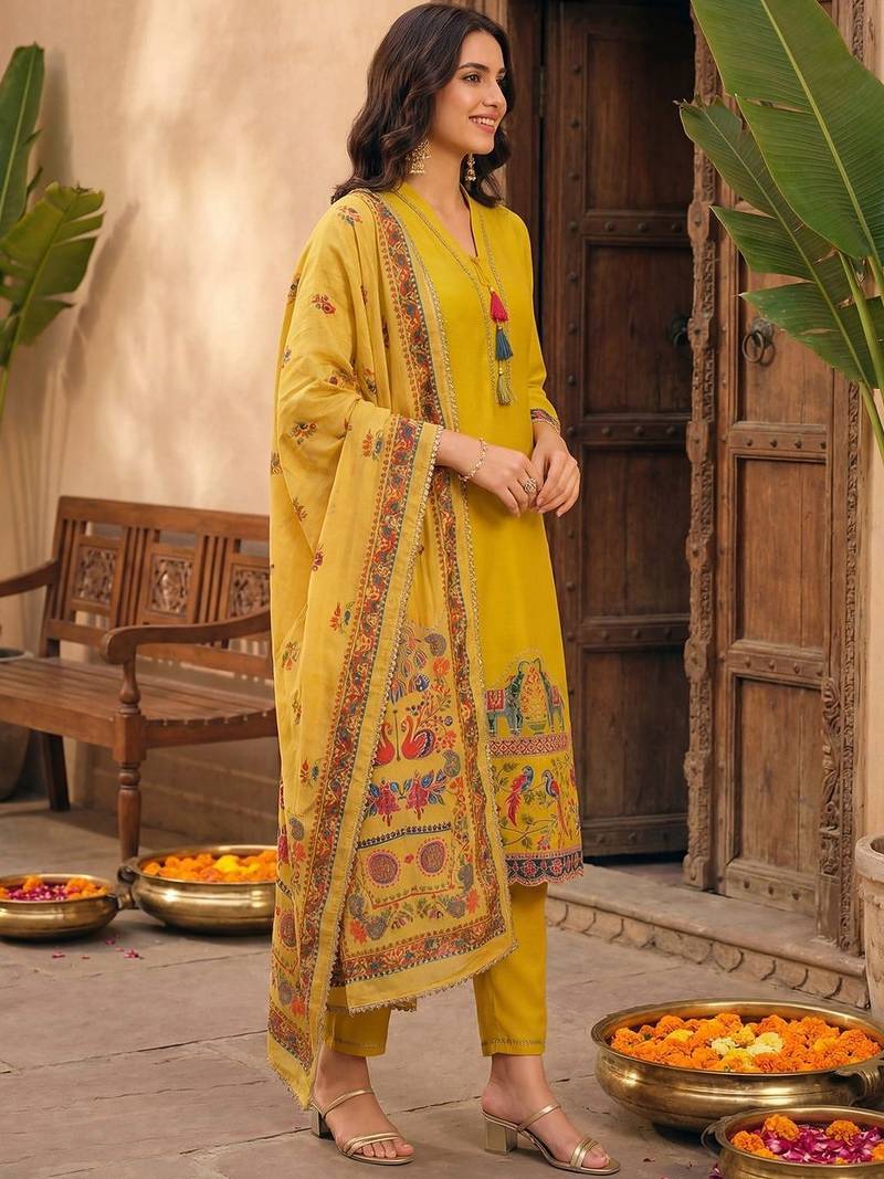Women Ethnic Motifs Printed Regular Kurta with Trousers & With Dupatta