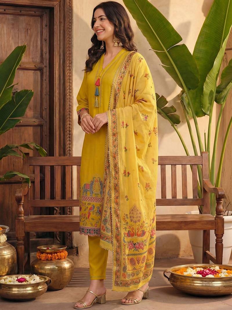 Women Ethnic Motifs Printed Regular Kurta with Trousers & With Dupatta