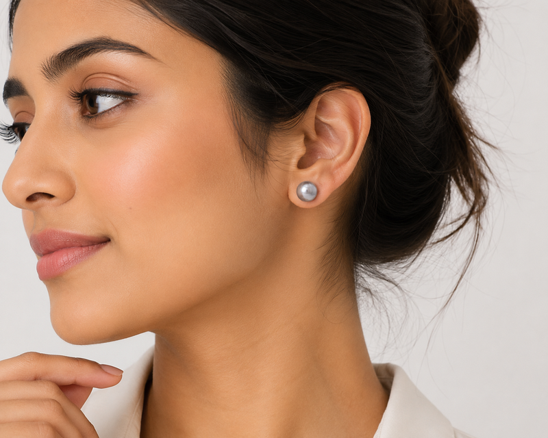 Grey pearl stud earrings with gold-tone backs, round