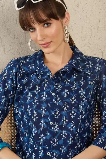 Geometric Printed Shirt Collar A-Line  Cotton Kurta With Palazzos