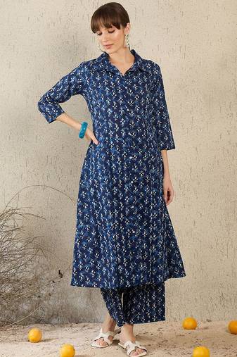 Geometric Printed Shirt Collar A-Line Cotton Kurta With Palazzos