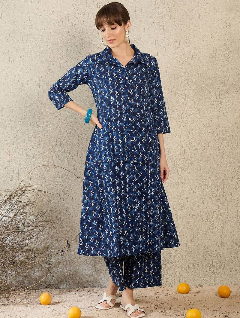 Geometric Printed Shirt Collar A-Line  Cotton Kurta With Palazzos