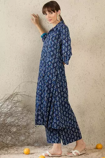 Geometric Printed Shirt Collar A-Line  Cotton Kurta With Palazzos
