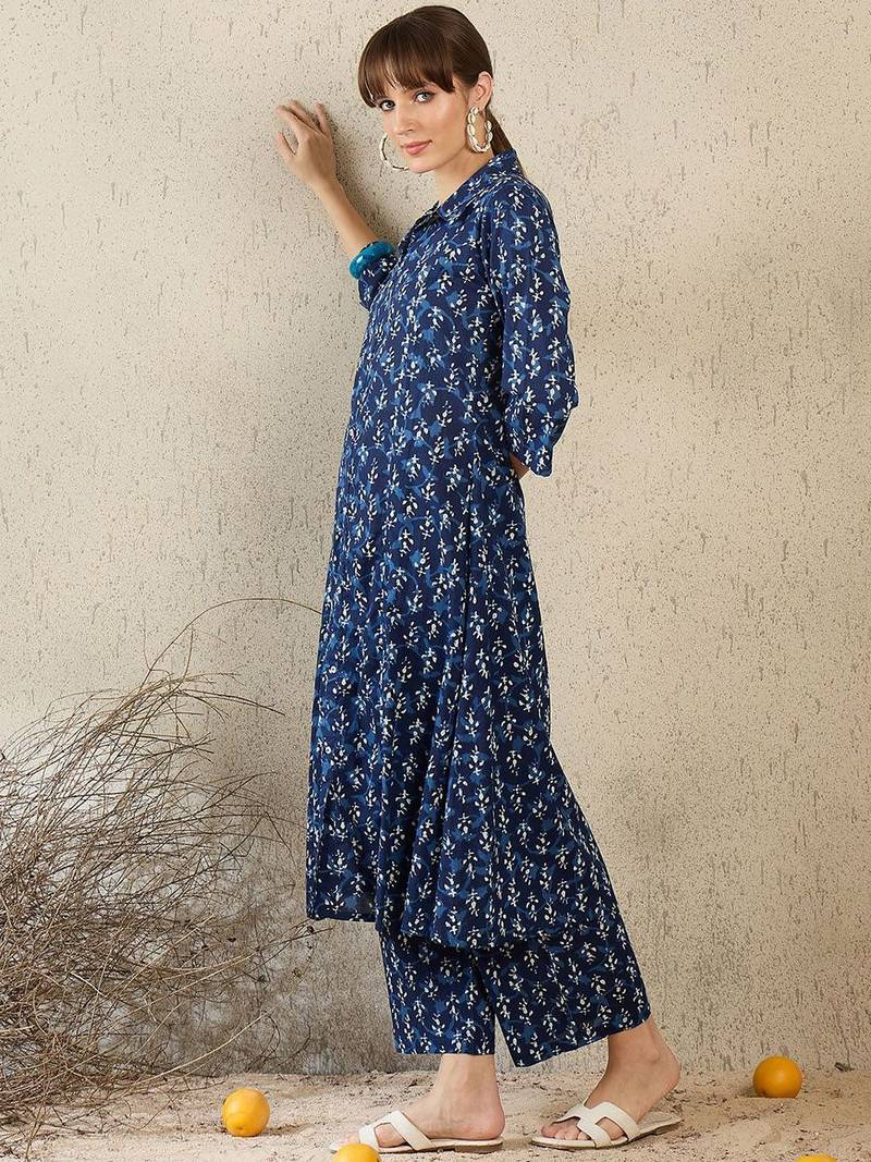 Geometric Printed Shirt Collar A-Line  Cotton Kurta With Palazzos