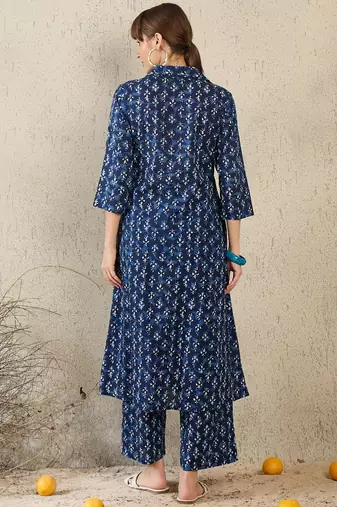 Geometric Printed Shirt Collar A-Line  Cotton Kurta With Palazzos