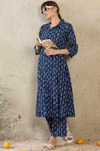 Geometric Printed Shirt Collar A-Line  Cotton Kurta With Palazzos