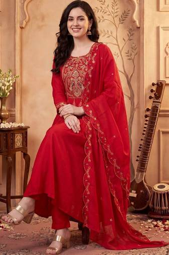 Women Ethnic Motifs Embroidered Empire Thread Work Kurta with Trousers & With Dupatta