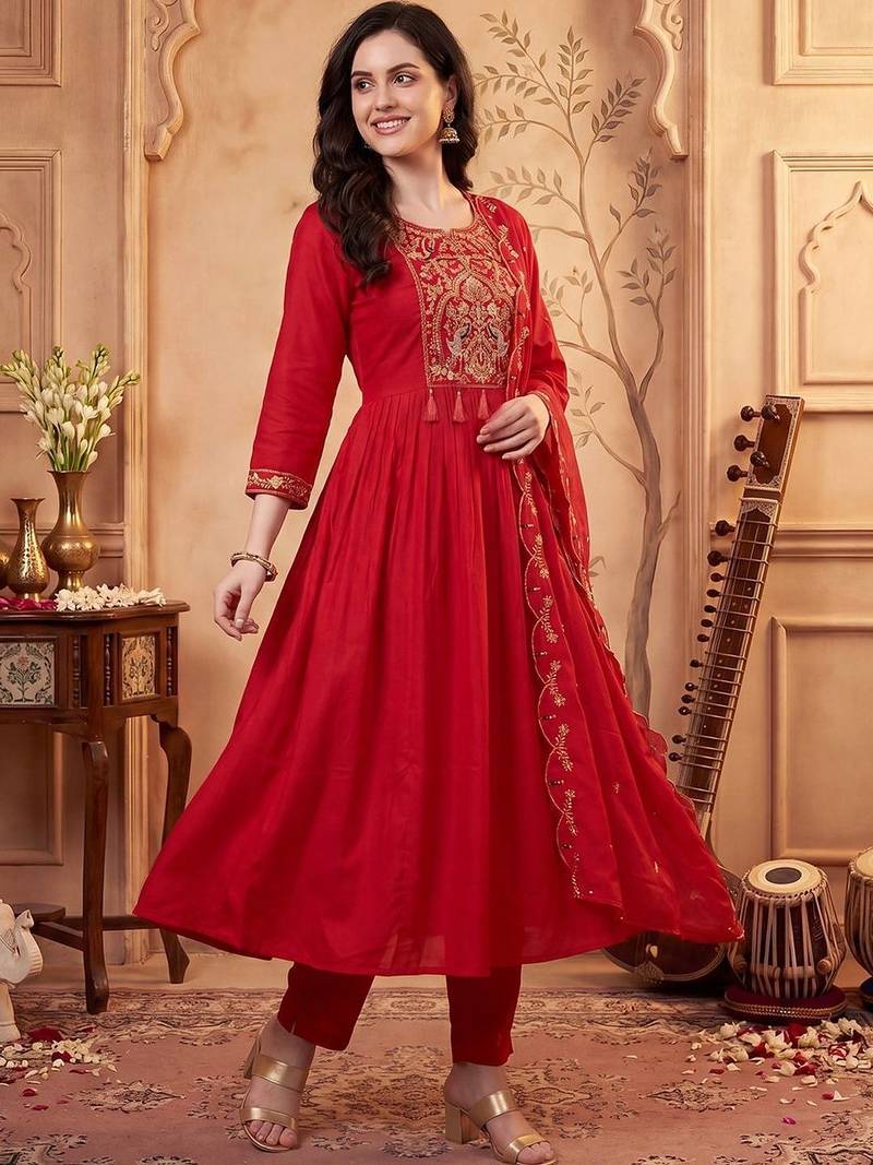 Women Ethnic Motifs Embroidered Empire Thread Work Kurta with Trousers & With Dupatta