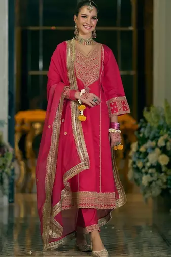 Women Ethnic Motifs Embroidered V-Neck A-Line Kurta with Trousers & Dupatta