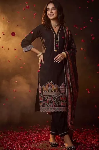 Women Ethnic Motifs Embroidered Regular Thread Work Kurta with Trousers & With Dupatta