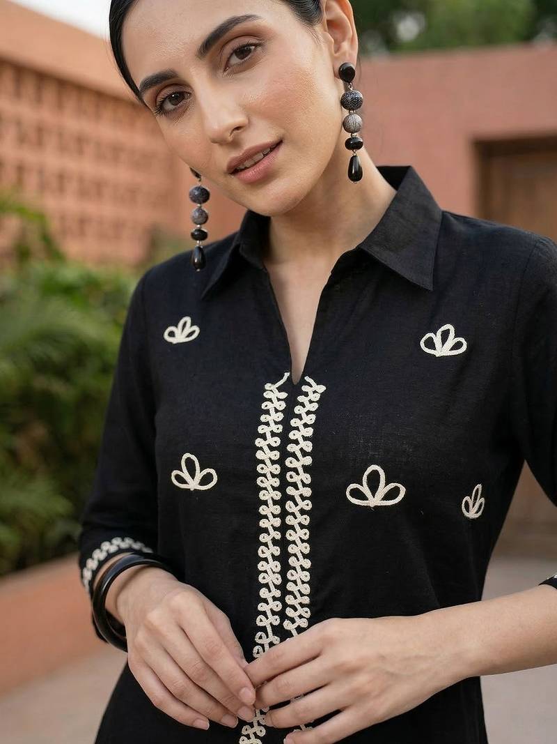 Women Ethnic Motifs Embroidered Regular Thread Work  Cotton Kurta with Palazzos