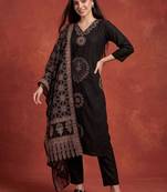 Women Ethnic Motifs Printed Regular Thread Work  Cotton Kurta with Trousers & With Dupatta