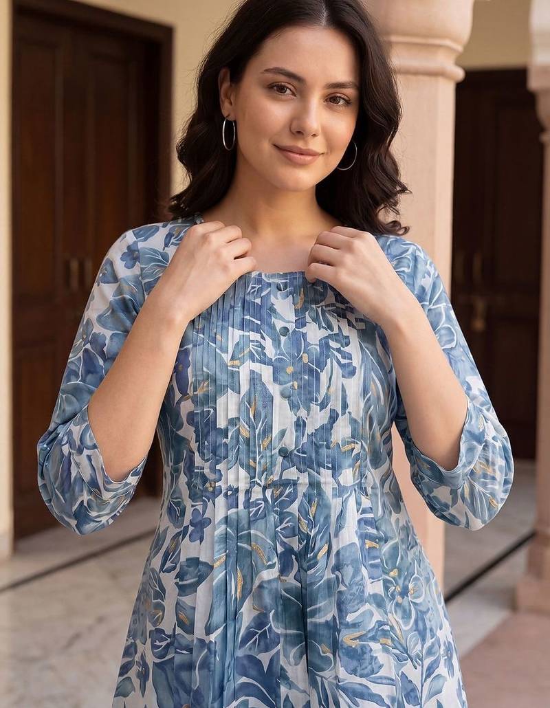 Women Floral Printed Pleated  Cotton Kurta with Trousers
