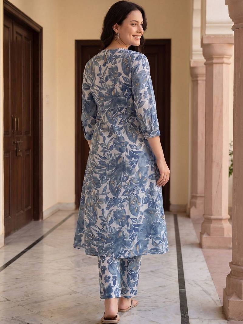 Women Floral Printed Pleated  Cotton Kurta with Trousers