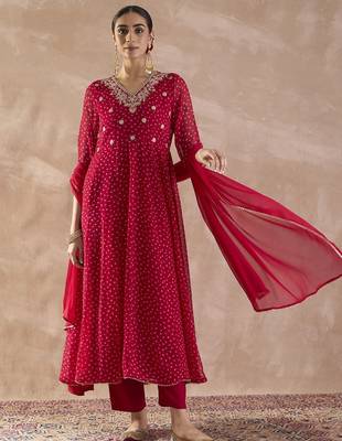 Ethnic Motifs Printed Georgette Anarkali Kurta With Trousers & Dupatta 1