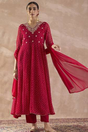 Ethnic Motifs Printed Georgette Anarkali Kurta With Trousers & Dupatta