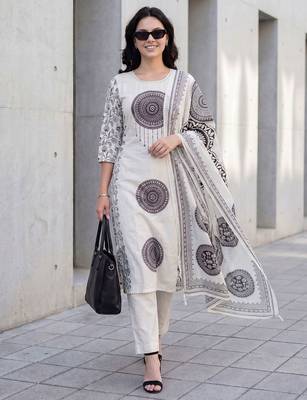 Women Ethnic Motifs Printed Regular  Cotton Kurta with Trousers & With Dupatta 1