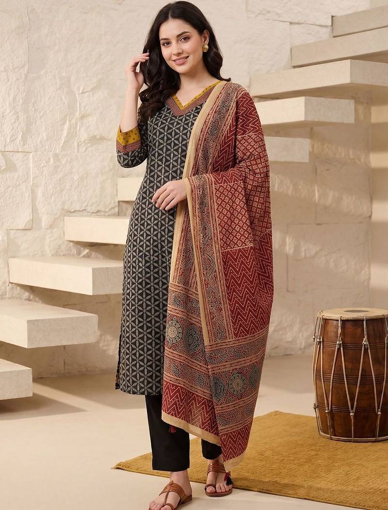 Women Printed Regular  Cotton Kurta with Trousers & With Dupatta