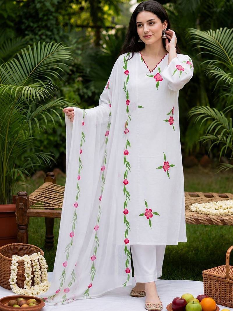Women Floral Printed Regular  Cotton Kurta with Trousers & With Dupatta