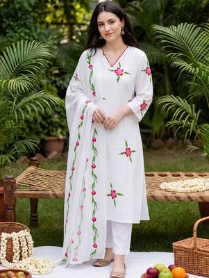 Women Floral Printed Regular  Cotton Kurta with Trousers & With Dupatta 6