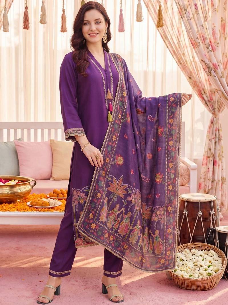 Women Ethnic Motifs Regular Thread Work Kurta with Trousers & With Dupatta
