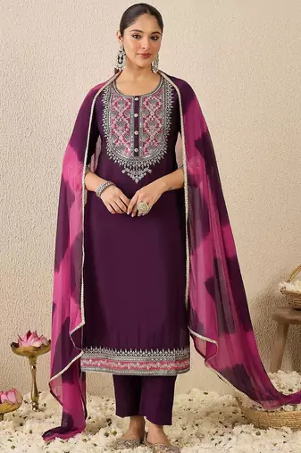 Ethnic Motifs Embroidered Thread Work Straight Kurta With Trousers & Dupatta