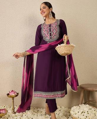 Ethnic Motifs Embroidered Thread Work Straight Kurta With Trousers & Dupatta 7