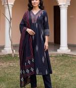 Women Ethnic Motifs Embroidered Panelled Thread Work  Cotton Kurta with Trousers & With Dupatta