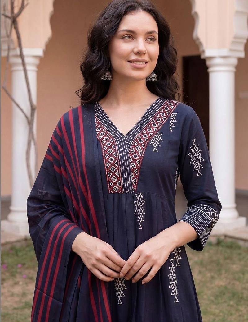 Women Ethnic Motifs Embroidered Panelled Thread Work  Cotton Kurta with Trousers & With Dupatta