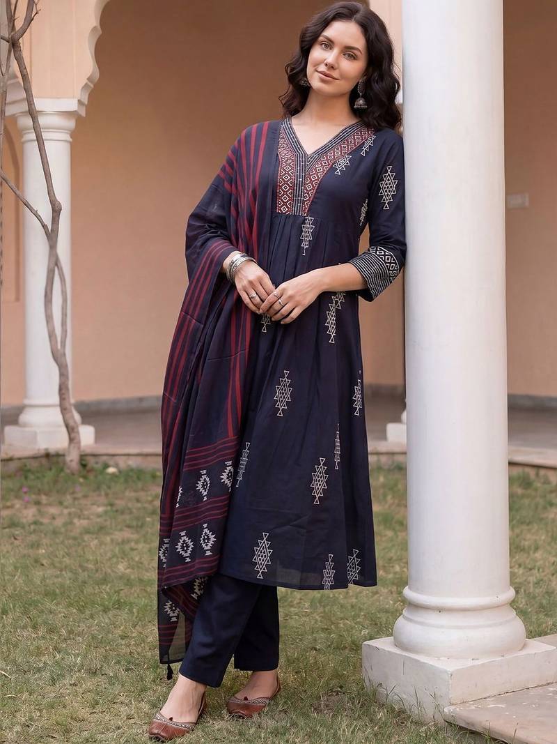Women Ethnic Motifs Embroidered Panelled Thread Work  Cotton Kurta with Trousers & With Dupatta