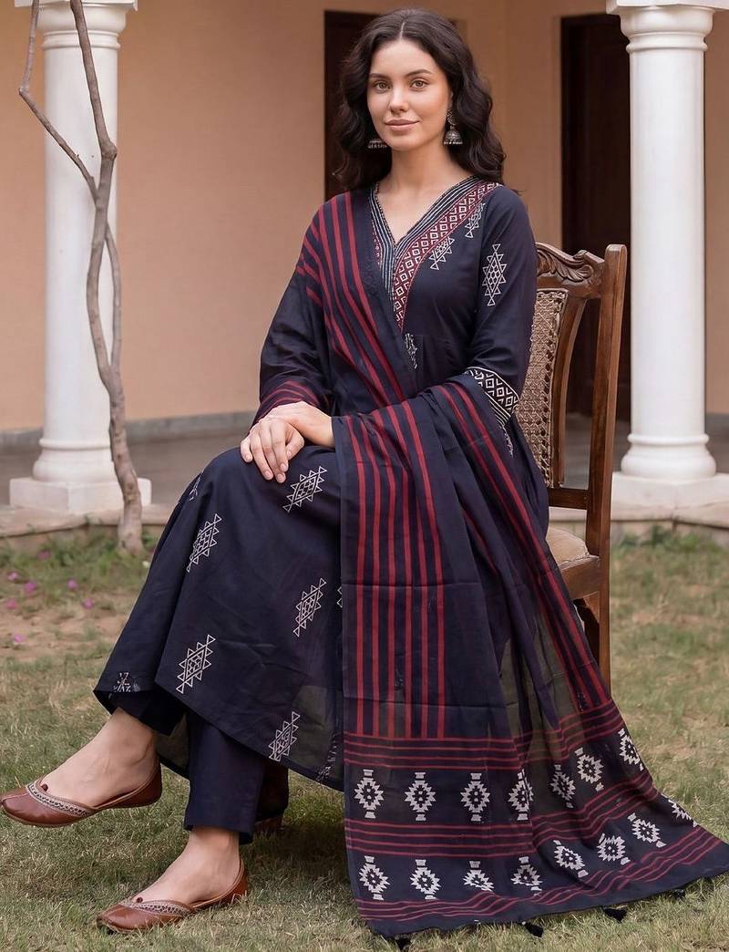 Women Ethnic Motifs Embroidered Panelled Thread Work  Cotton Kurta with Trousers & With Dupatta