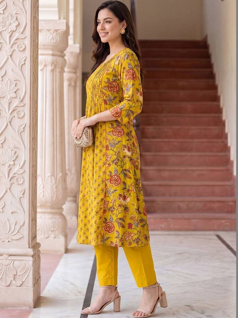 Women Floral Printed Empire  Cotton Kurta with Trousers & With Dupatta