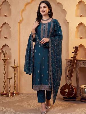 Women Ethnic Motifs Embroidered Regular Thread Work Kurta With Trousers & Dupatta 1