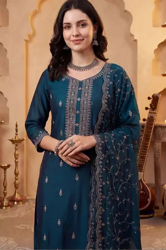 Women Ethnic Motifs Embroidered Regular Thread Work Kurta With Trousers & Dupatta