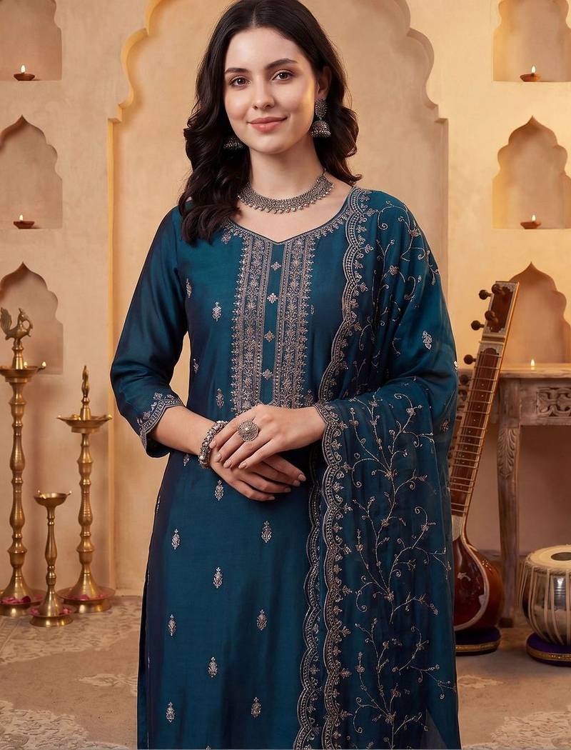Women Ethnic Motifs Embroidered Regular Thread Work Kurta With Trousers & Dupatta