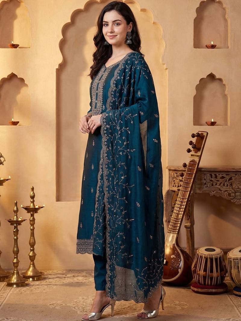 Women Ethnic Motifs Embroidered Regular Thread Work Kurta With Trousers & Dupatta