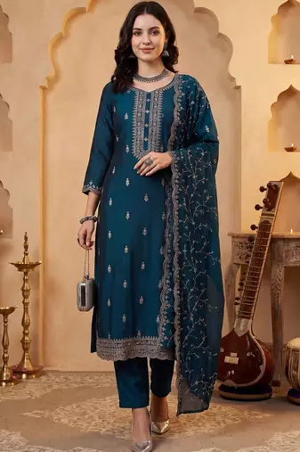 Women Ethnic Motifs Embroidered Regular Thread Work Kurta With Trousers & Dupatta