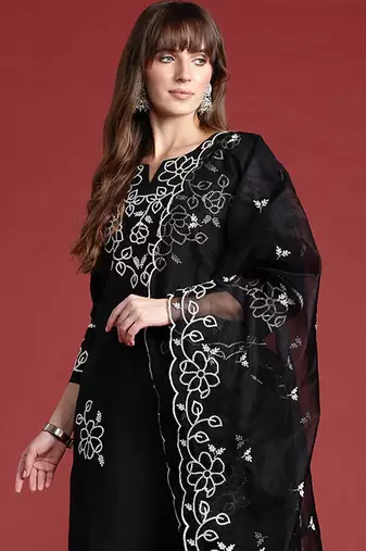 Floral Embroidered Thread Work Kurta With Trousers & Dupatta