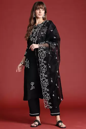 Floral Embroidered Thread Work Kurta With Trousers & Dupatta