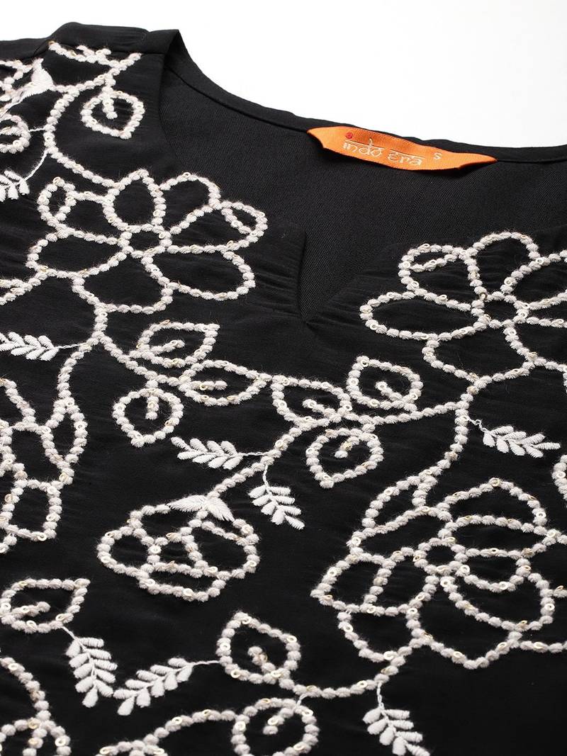 Floral Embroidered Thread Work Kurta With Trousers & Dupatta