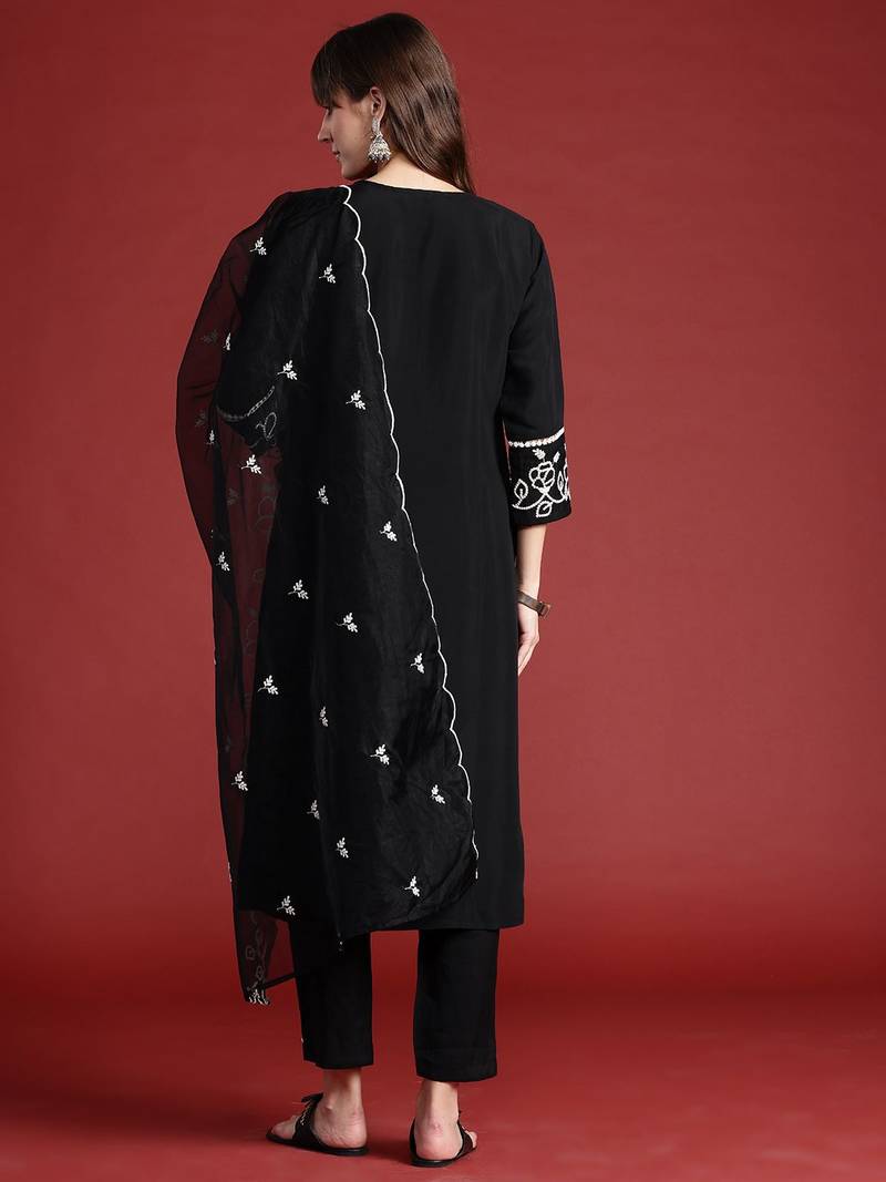 Floral Embroidered Thread Work Kurta With Trousers & Dupatta