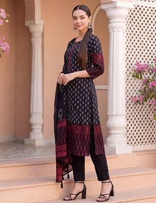 Women Ethnic Motifs Printed Regular  Cotton Kurta with Trousers & With Dupatta 4