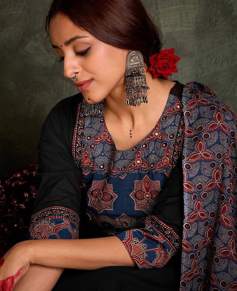 Floral Printed Round Neck Cotton Straight Kurta With Trousers & Dupatta