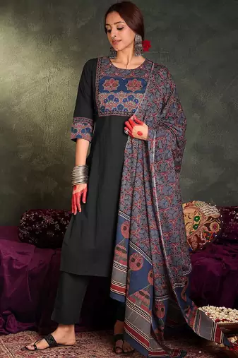 Floral Printed Round Neck Cotton Straight Kurta With Trousers & Dupatta